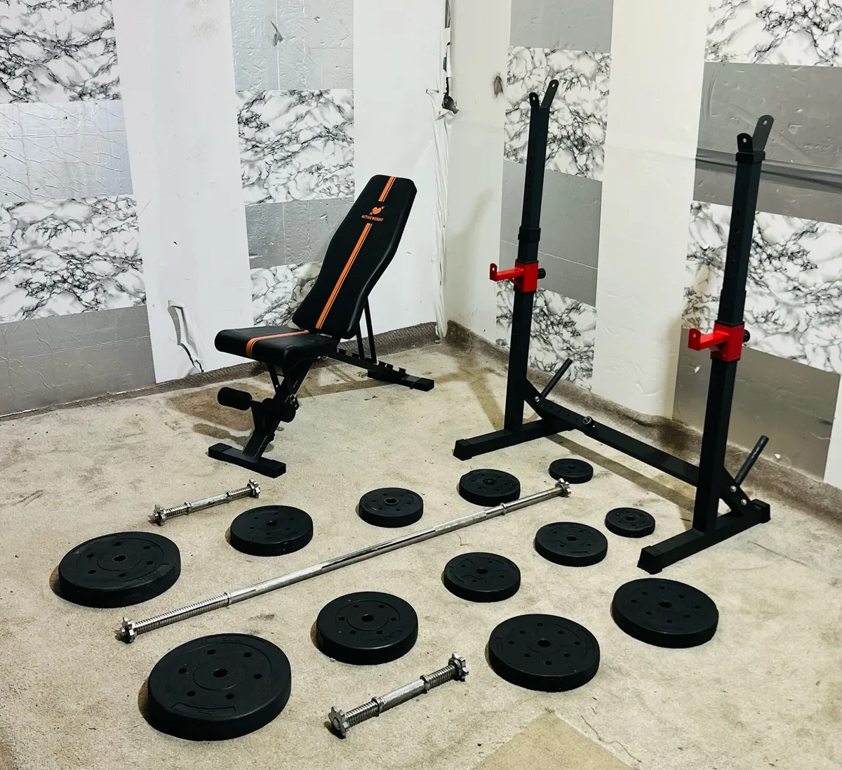 HOME WORKOUT 🏋️‍♀️ SET WEIGHTS RACK BENCH BAR ++ - Image 1