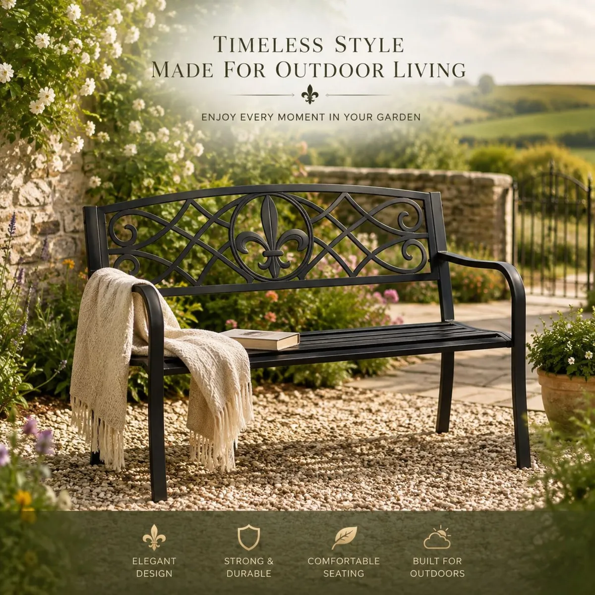 Black Metal Garden Bench 2 Seater Outdoor Patio Be - Image 1