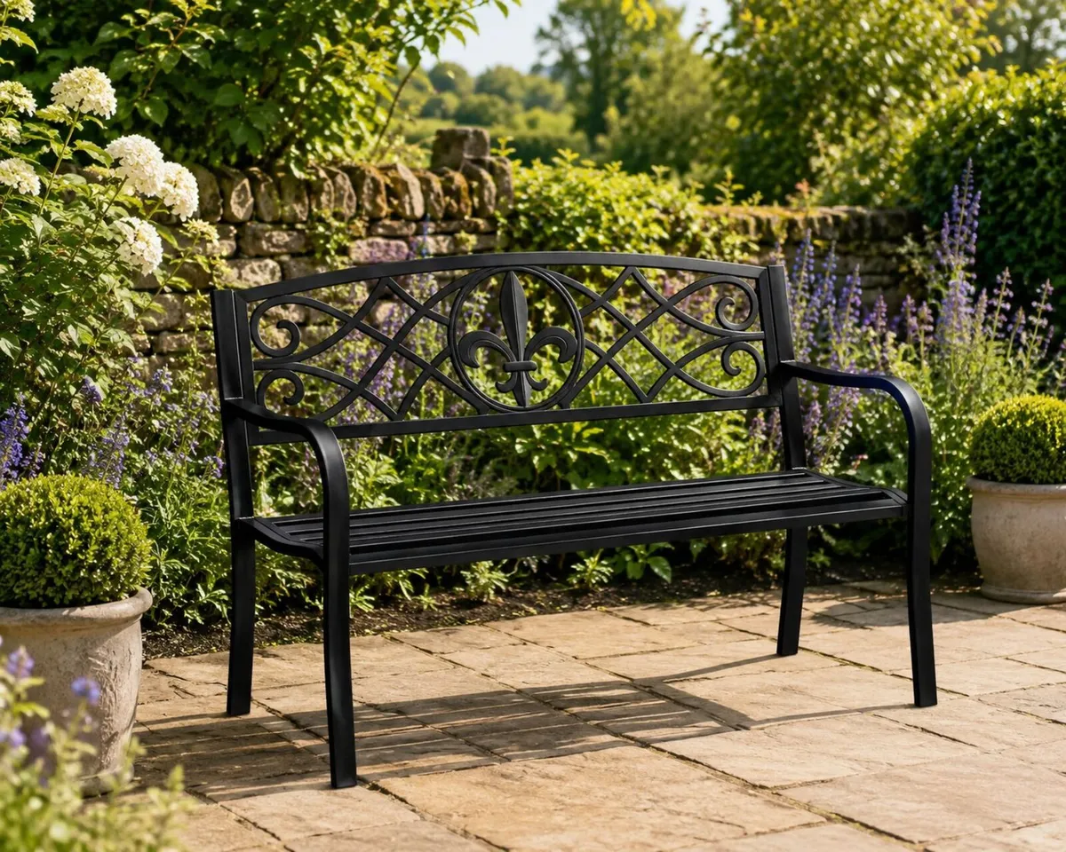 Black Metal Garden Bench 2 Seater Outdoor Patio Be - Image 2