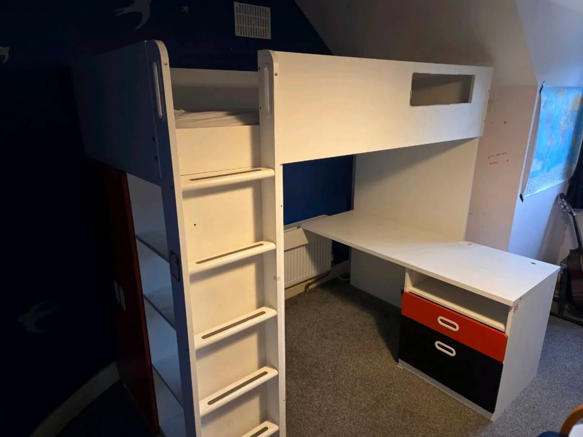 Kids loft bed with desk and storage - Image 1