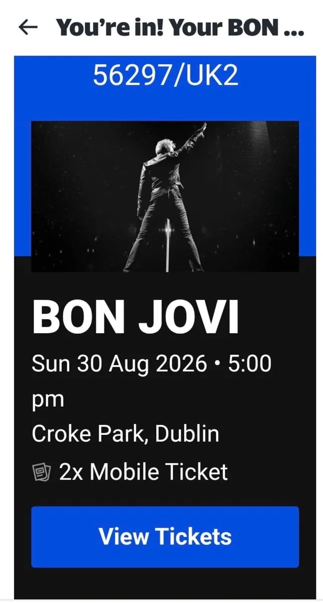 Bon Jovi Tickets X 2 - 30th August, Croke Park - Image 1