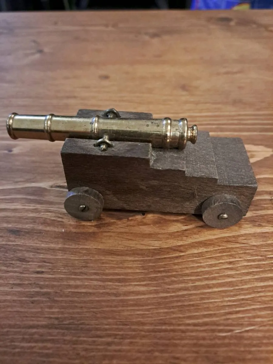 Vintage Miniature Brass Cannon on Wooden Carriage - Image 1