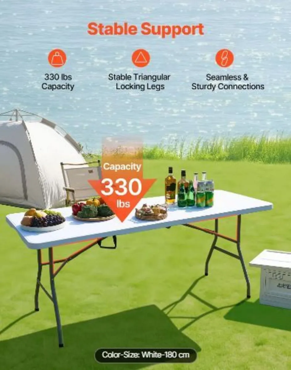Folding Table, 6 Ft Heavy Duty Portable - Image 2