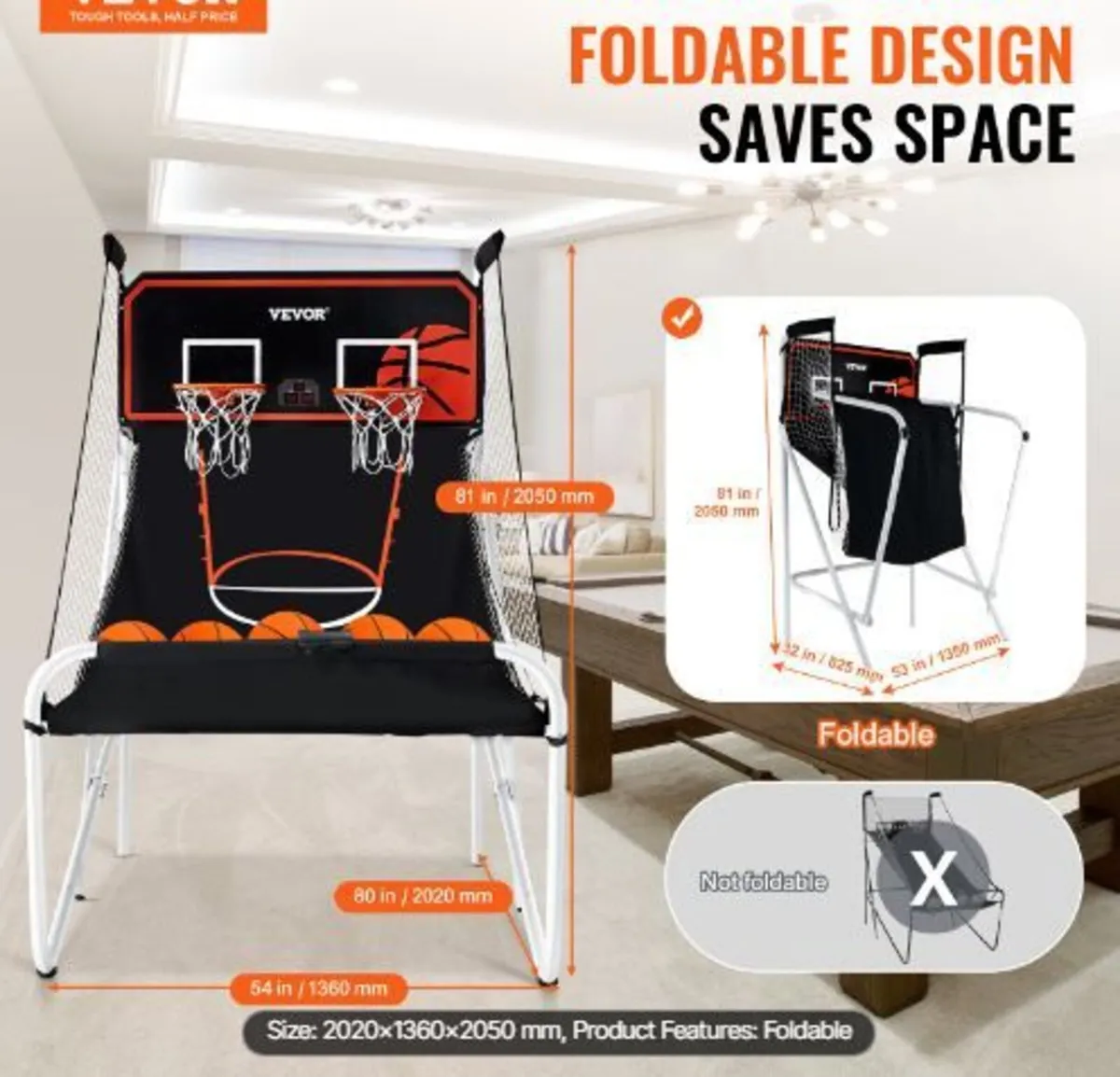 Foldable Basketball Arcade Game, 2 Player - Image 2