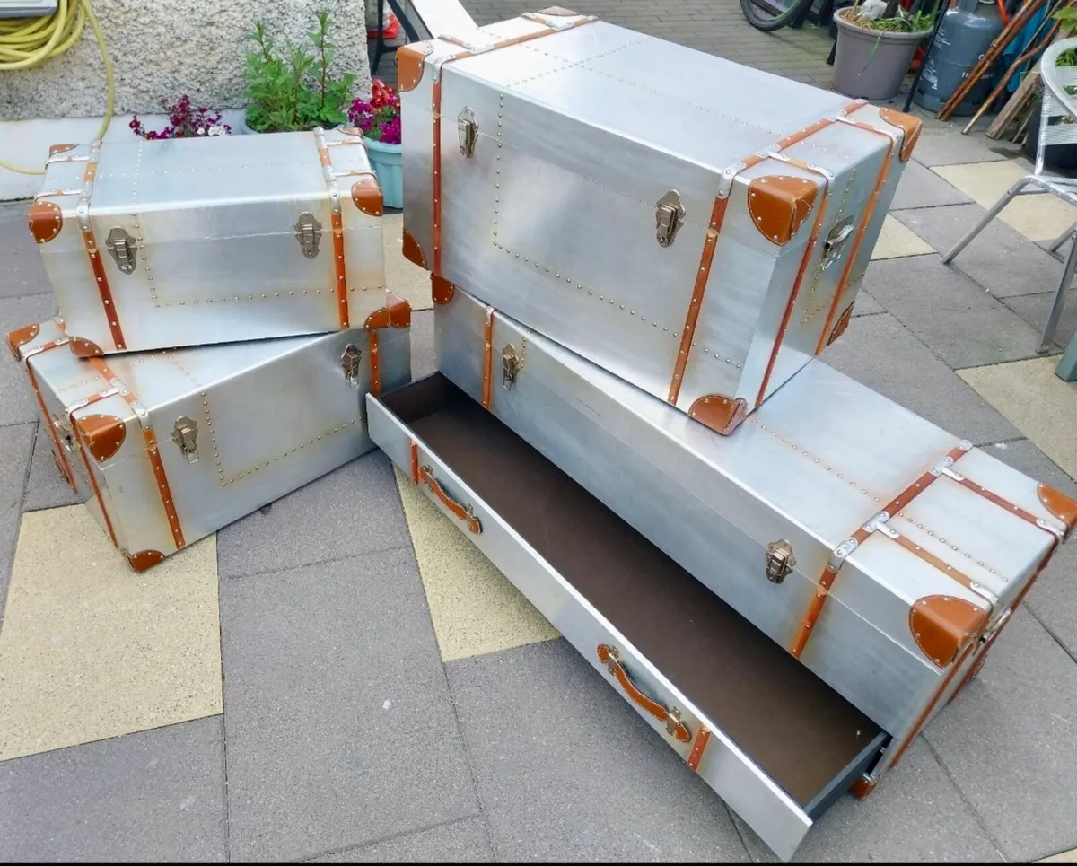 Steamer Trunks in Aluminium & Leather x 4. - Image 1