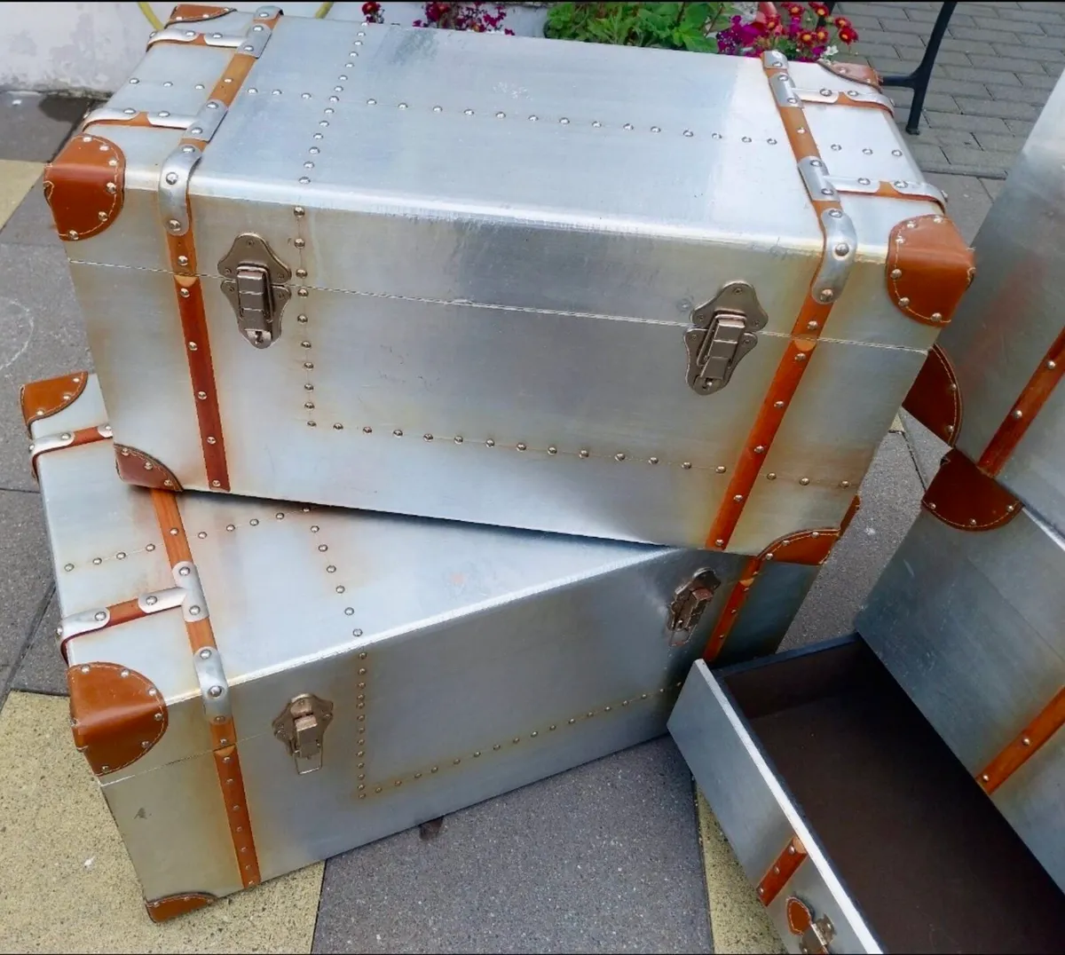 Steamer Trunks in Aluminium & Leather x 4. - Image 2