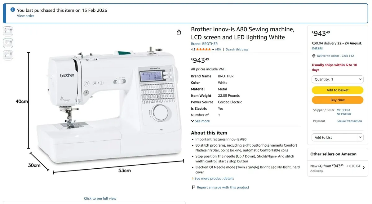 BROTHER A80 Sewing Machine Like New - Image 3