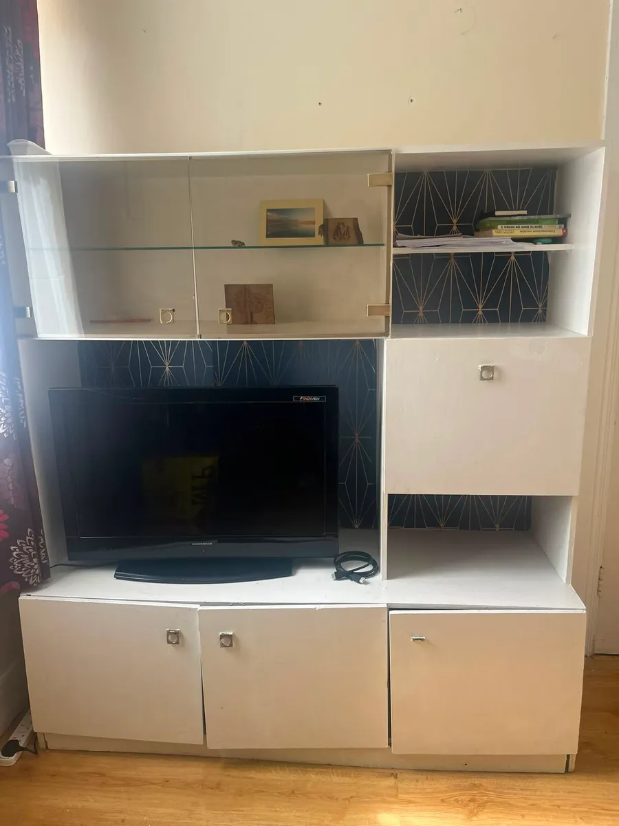 White TV wall unit with storage, shelves and glass - Image 2