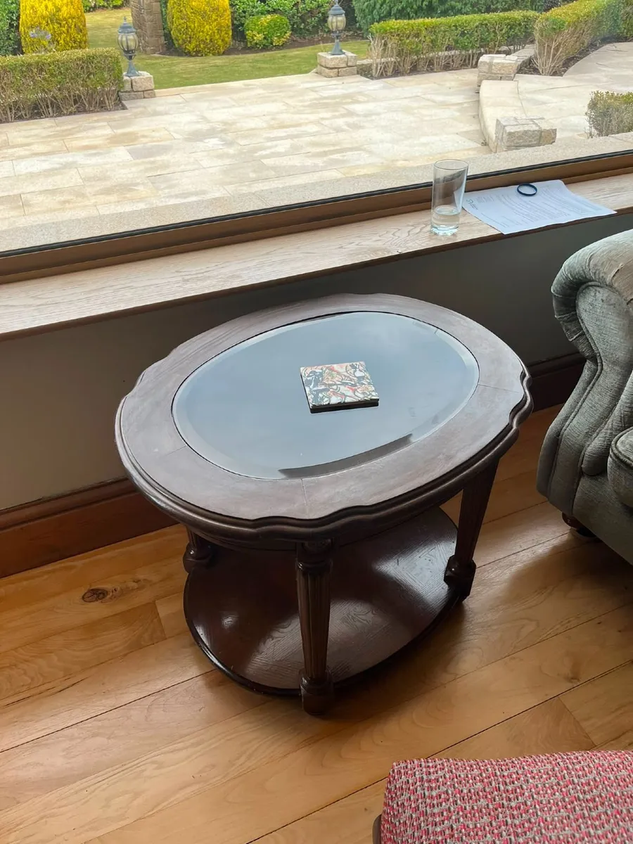 Oval Wood Side Table with Glass Top and Shelf