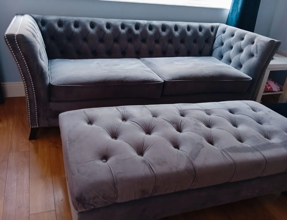 Grey Velvet Sofa & Matching Footstool -rarely used - Image 2