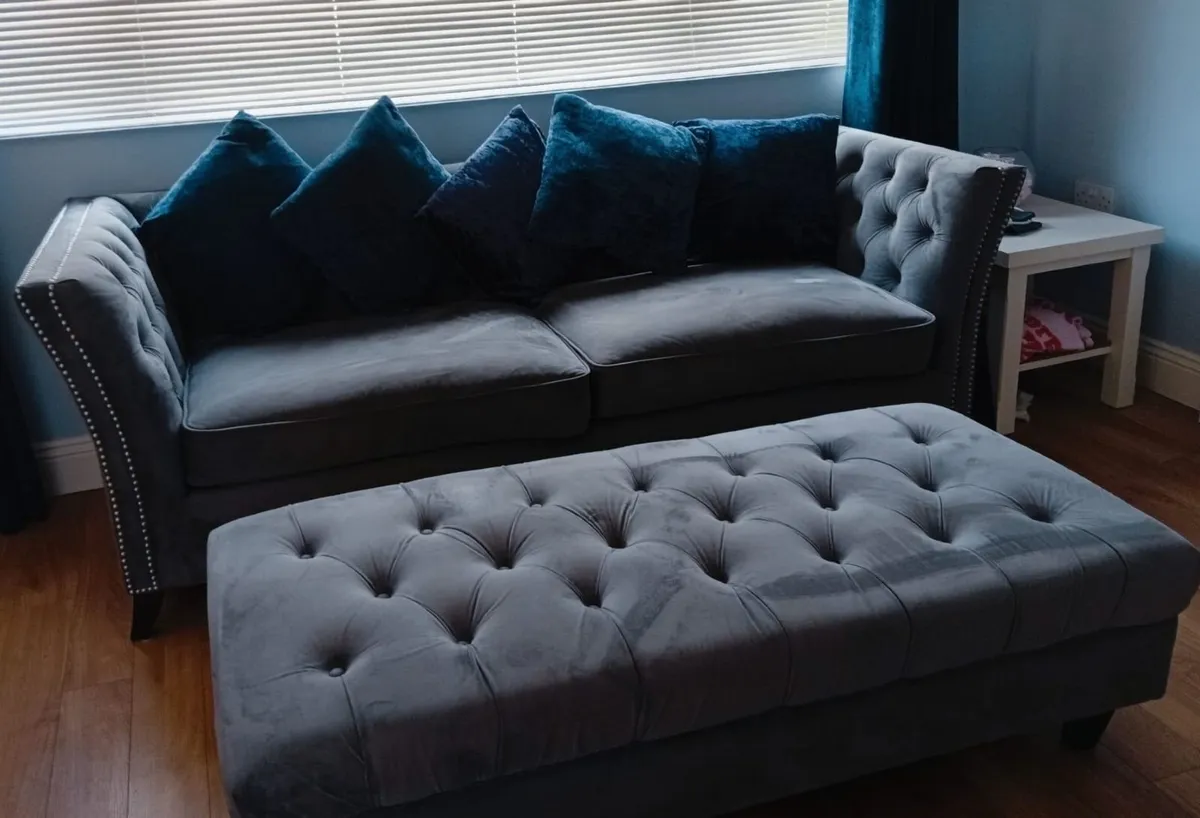 Grey Velvet Sofa & Matching Footstool -rarely used - Image 1