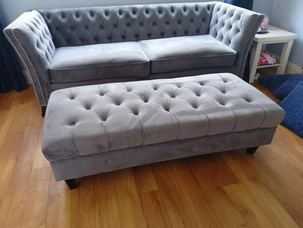 Grey Velvet Sofa & Matching Footstool -rarely used - Image 3