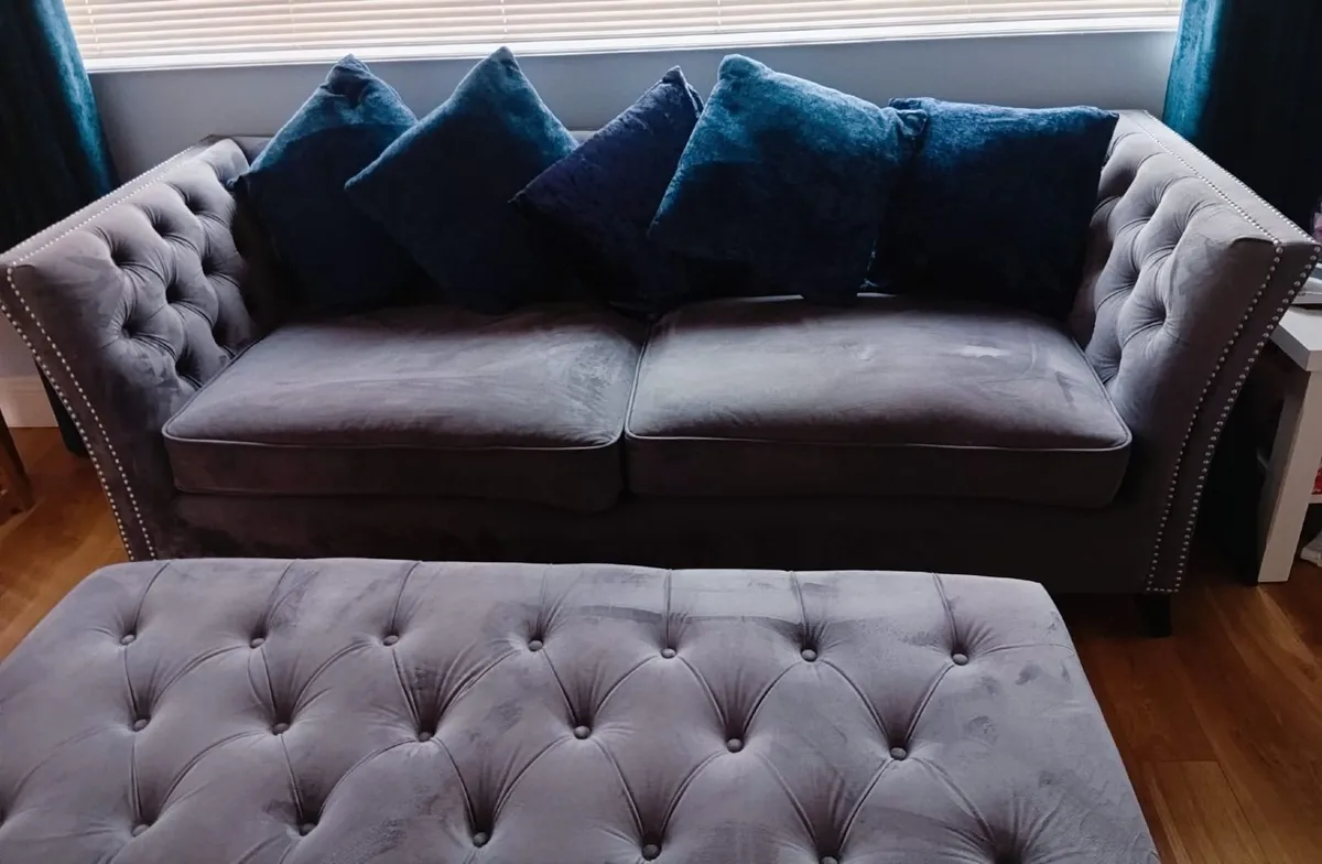 Grey Velvet Sofa & Matching Footstool -rarely used - Image 4
