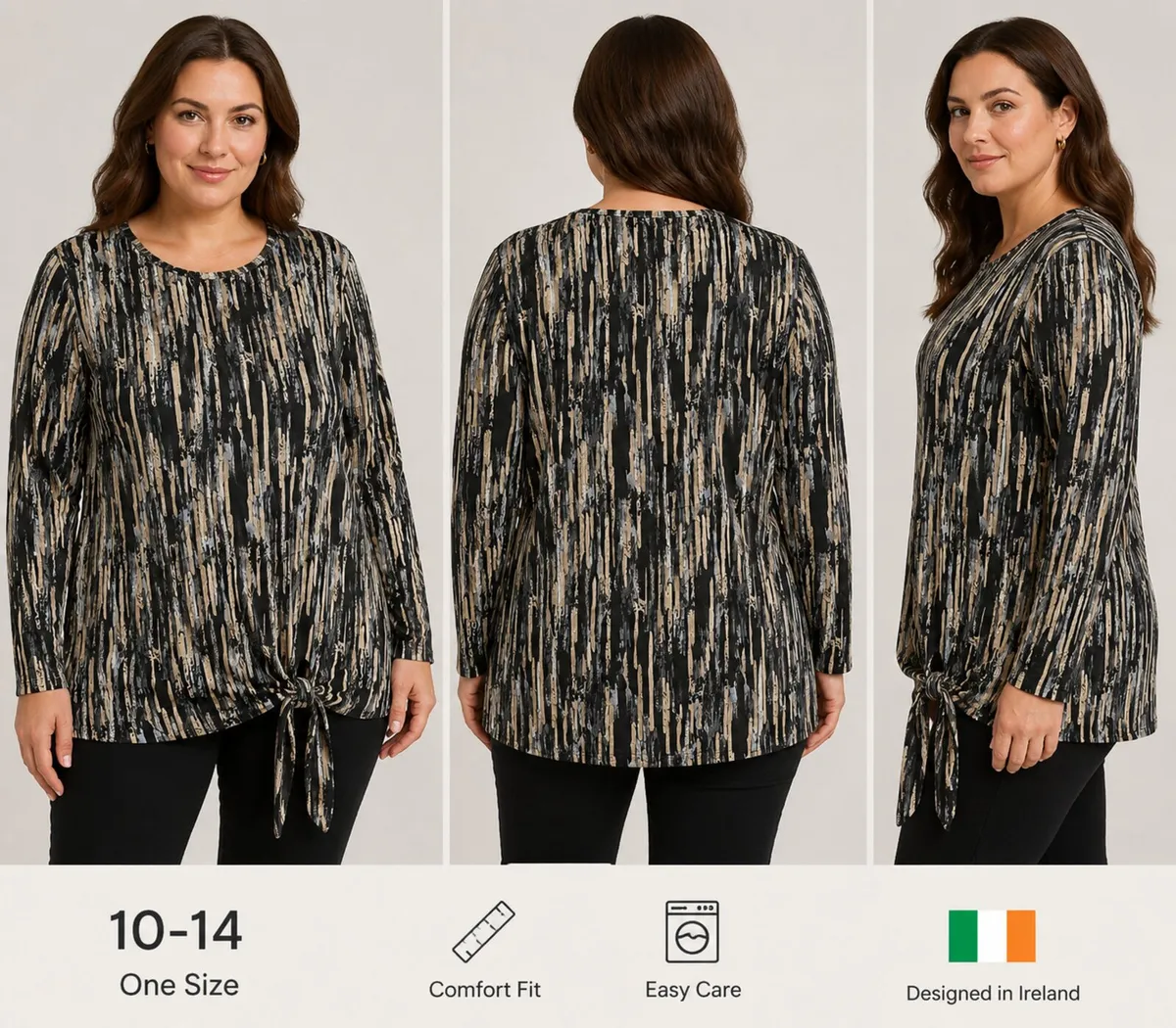 Abstract Print Long Sleeve Tie-Side Blouse – Black - Image 1