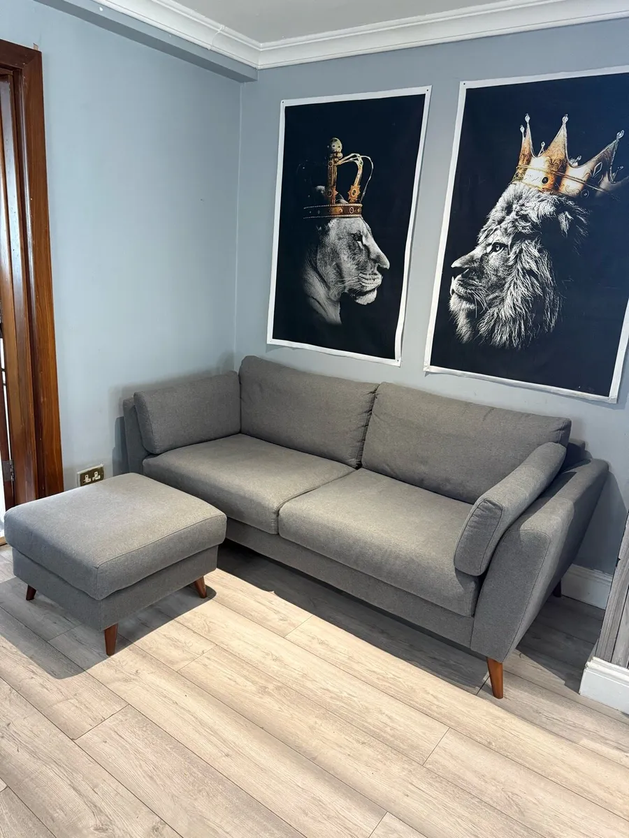 Grey 3-seater sofa with matching footstool - Image 2