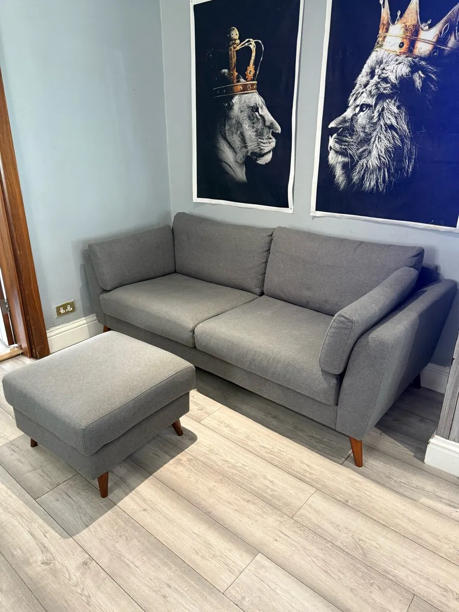 Grey 3-seater sofa with matching footstool - Image 3