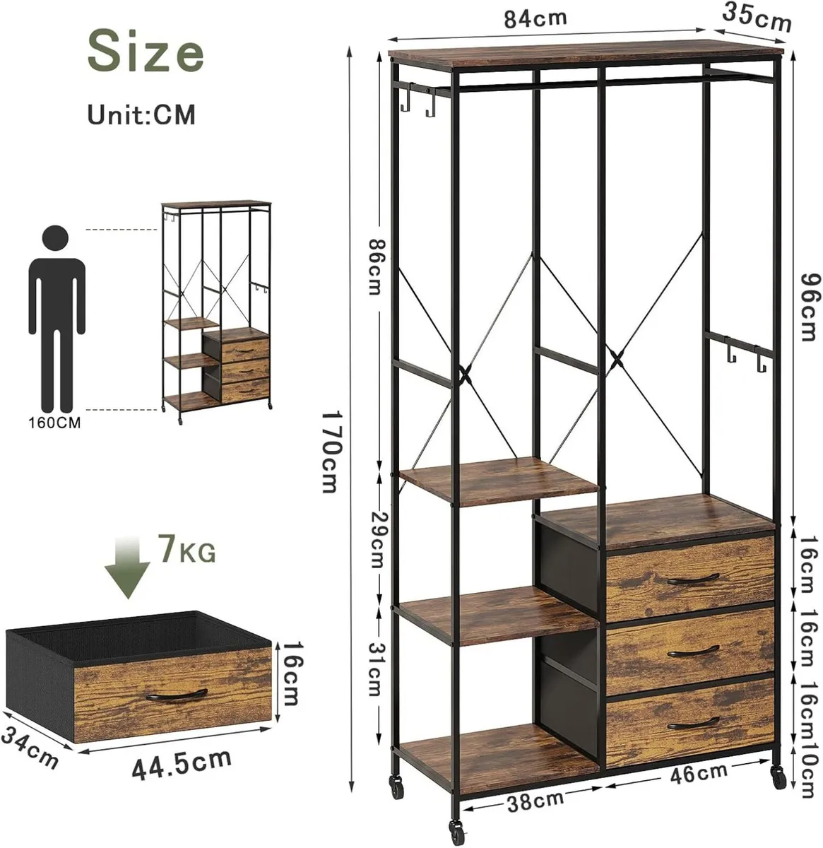 Heavy Duty Clothing Rail Wardrobe with 3 Drawers - Image 3