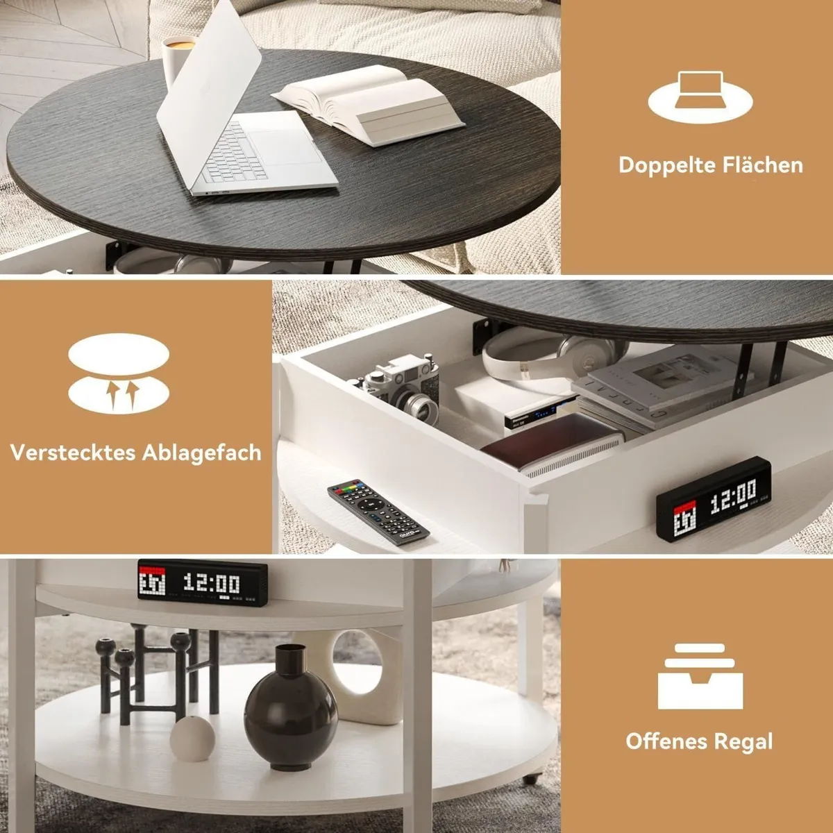 68CM Round Lift Top Coffee Table with Hidden - Image 4