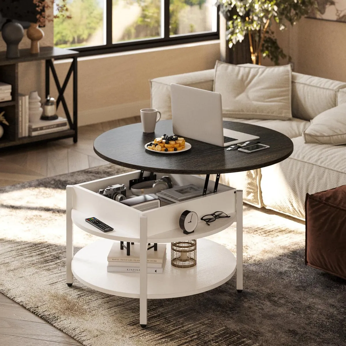 68CM Round Lift Top Coffee Table with Hidden - Image 2