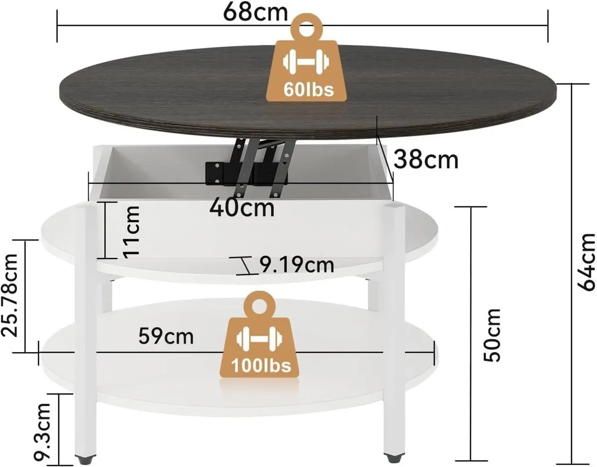 68CM Round Lift Top Coffee Table with Hidden - Image 3