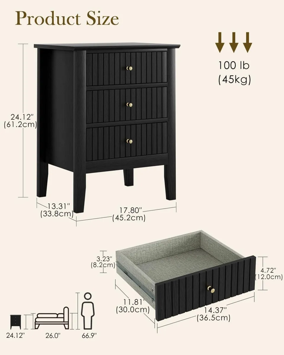 Bedside Table with 3 Drawers Vintage Cabinet - Image 2