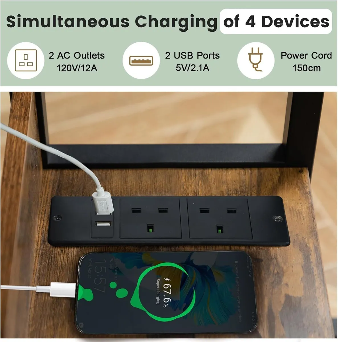 C Shaped Side Table Sofa with Charging Station - Image 4