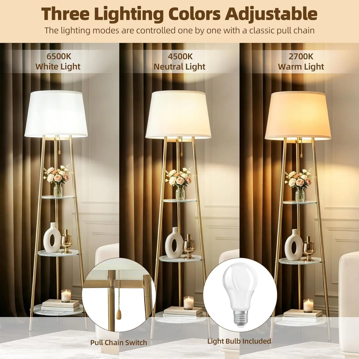 Floor Lamp with 3-Tier Shelves 150CM 3 Changeable - Image 3