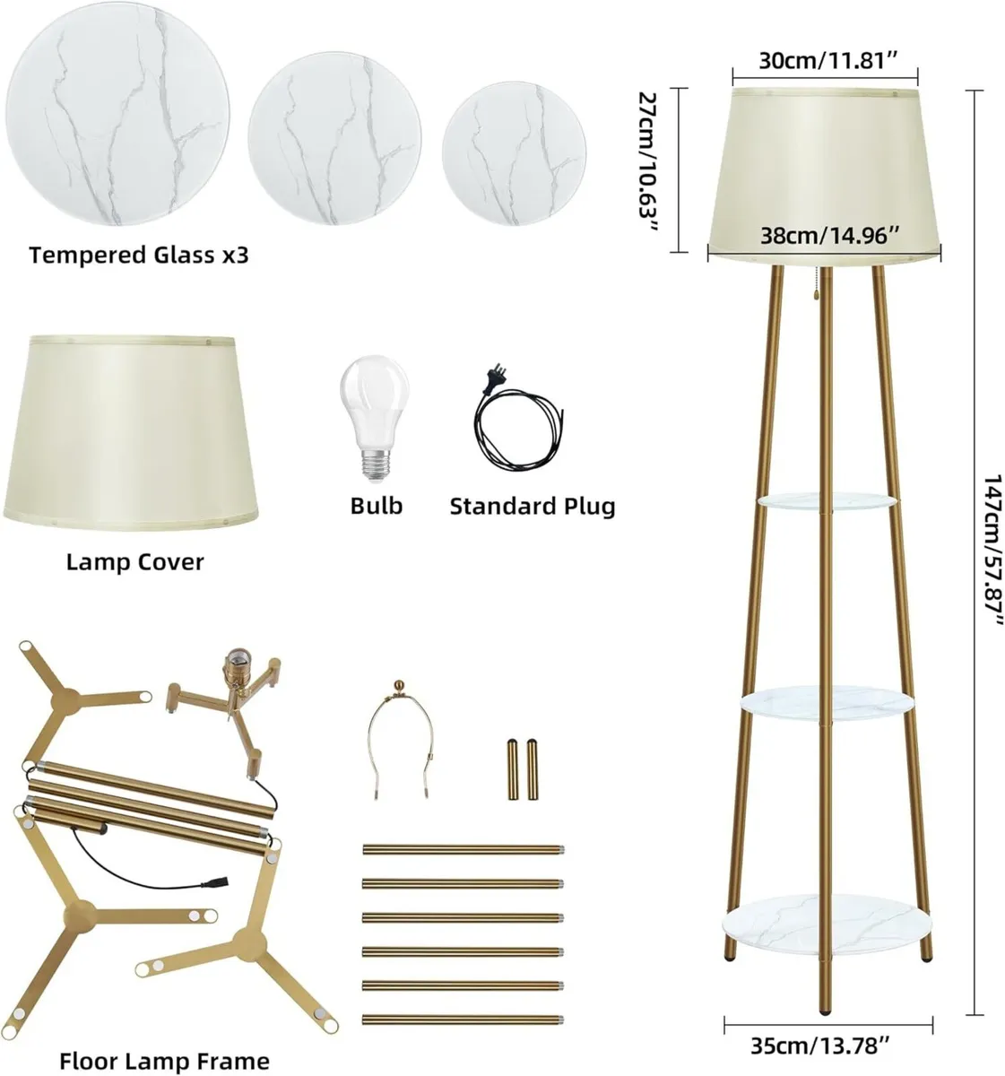 Floor Lamp with 3-Tier Shelves 150CM 3 Changeable - Image 2