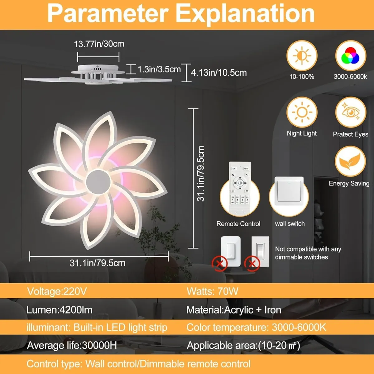 LED Ceiling Light 70W Dimmable 8-Petal Lamp - Image 2