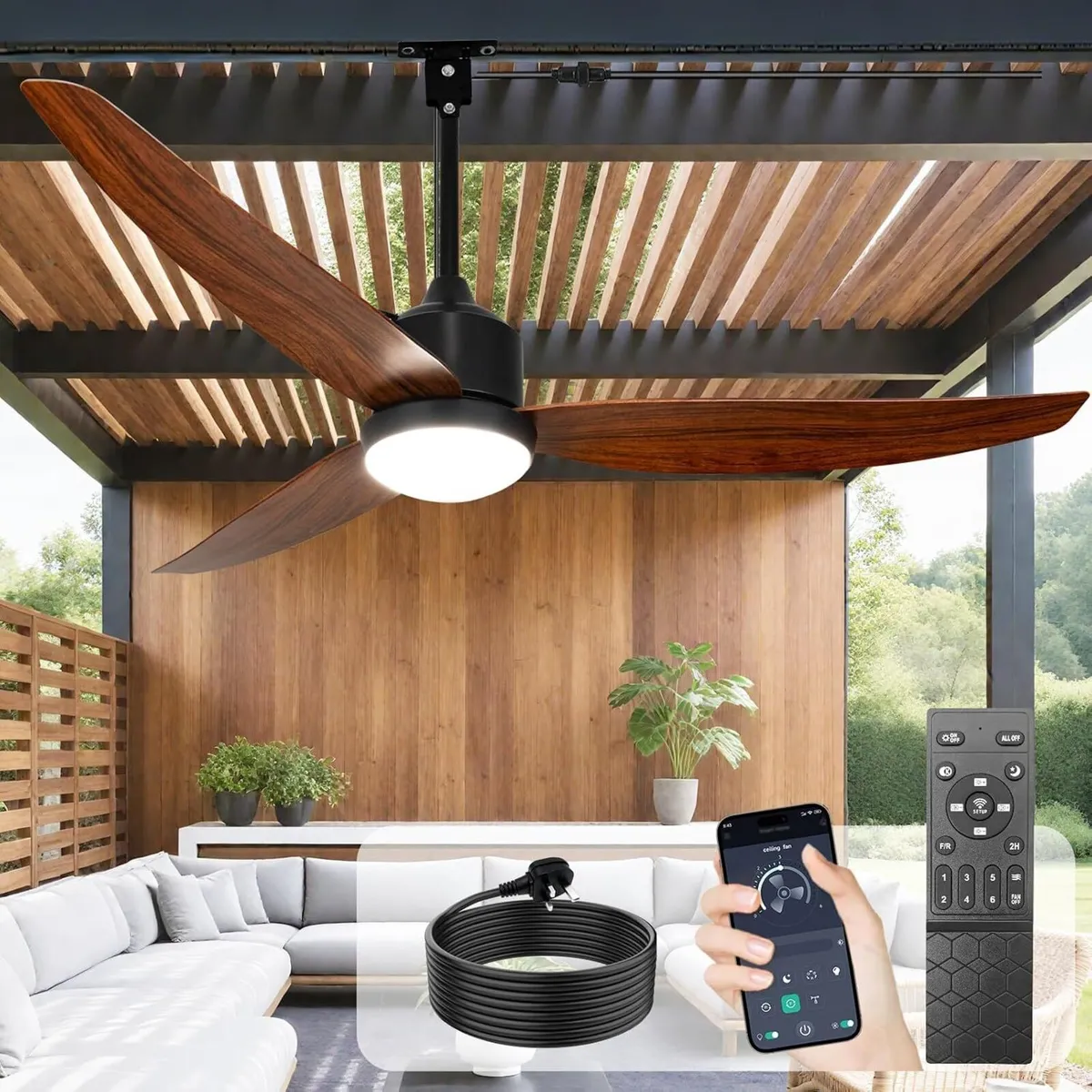 Outdoor Ceiling Fan with Light: 52" Walnut Hanging - Image 1