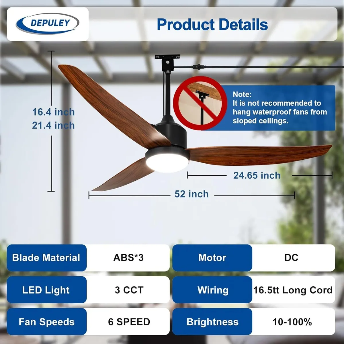 Outdoor Ceiling Fan with Light: 52" Walnut Hanging - Image 4