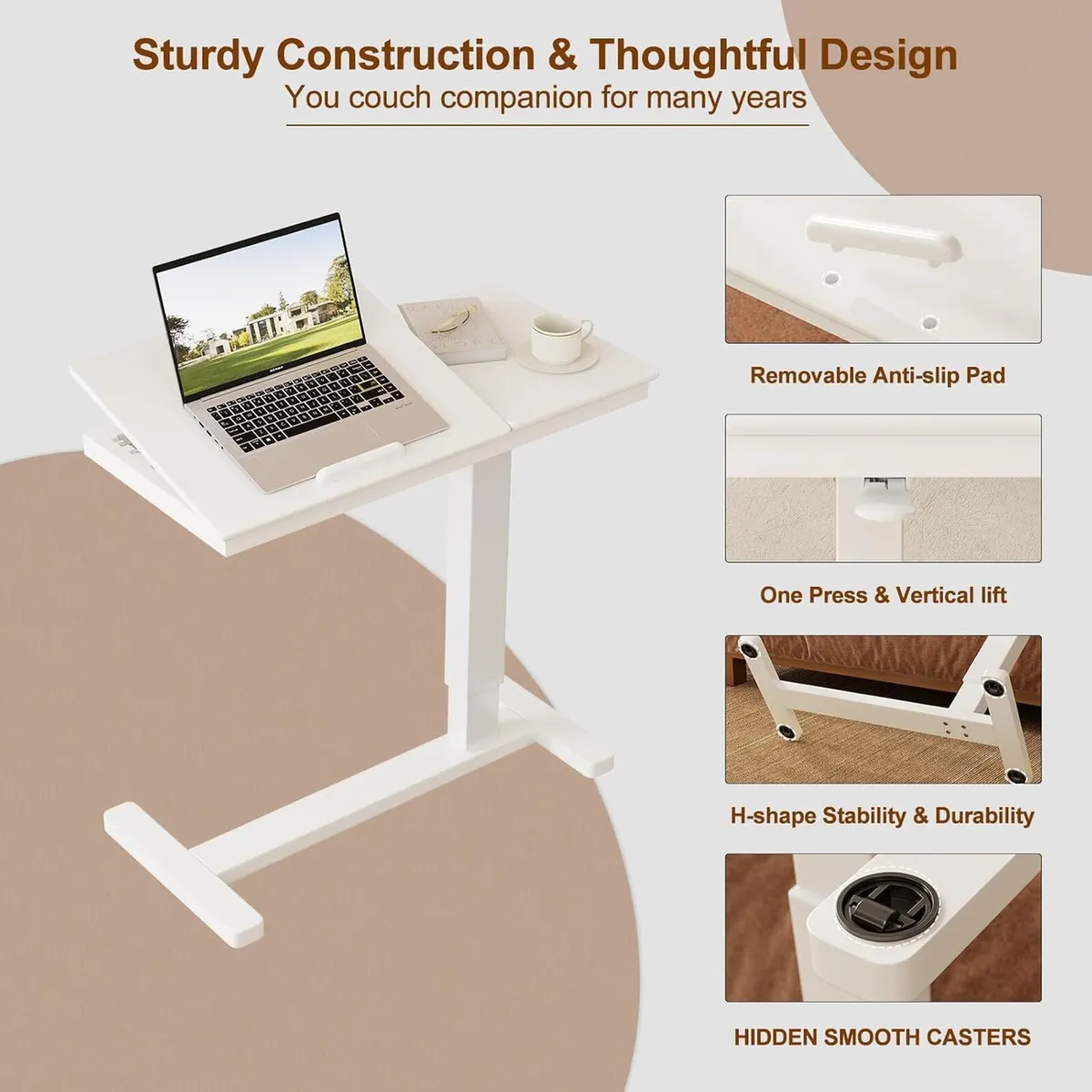 Adjustable Overbed Table with Wheels Solid Wood - Image 3