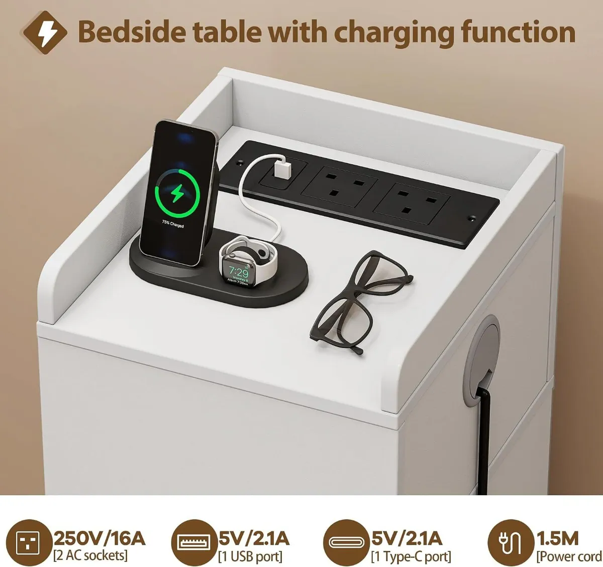 Narrow 30CM Bedside Table with Charging Station - Image 4