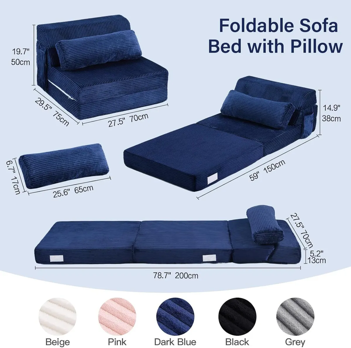 Folding Sofa Bed with Pillow Corduroy Convertible - Image 2