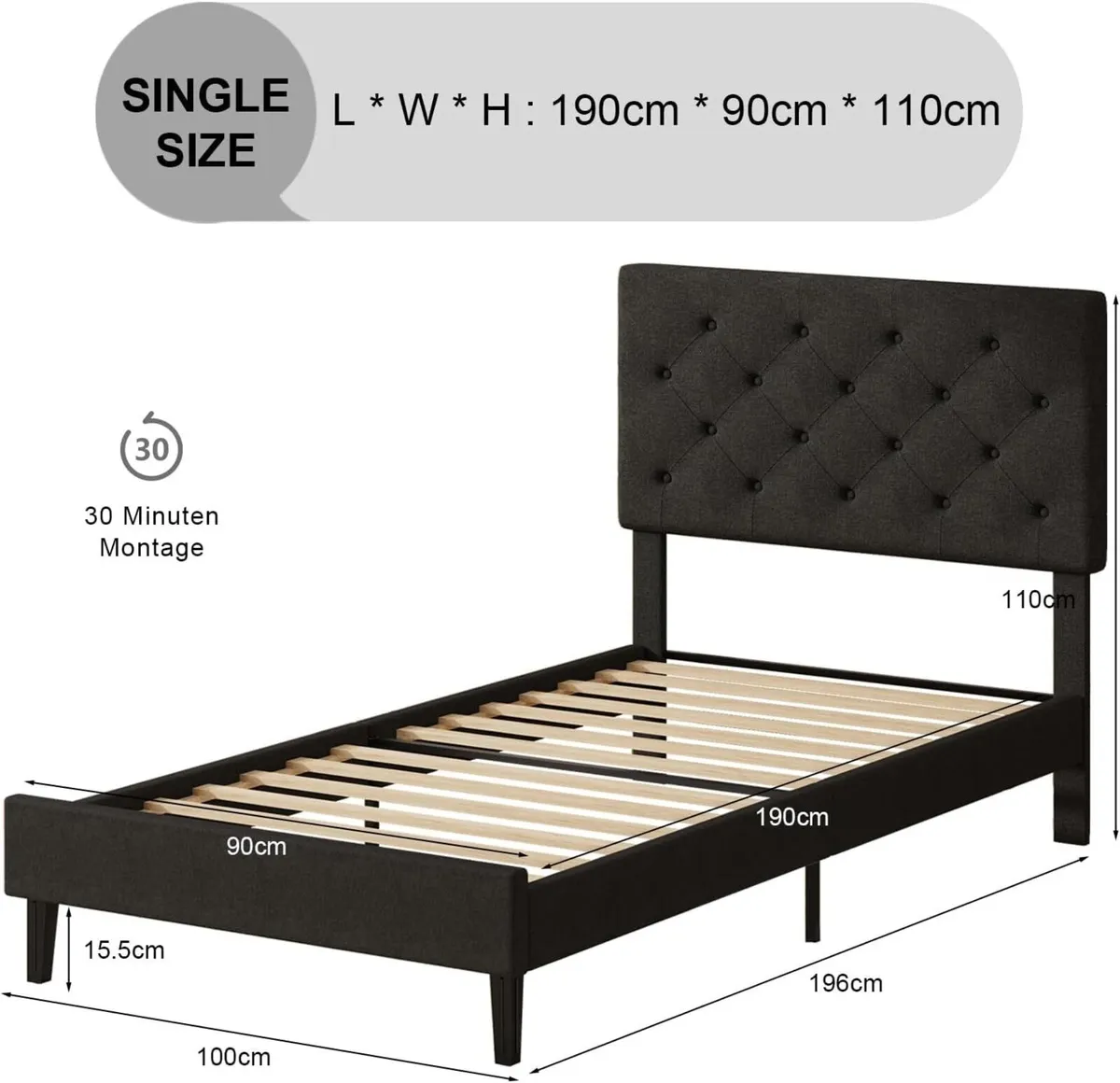 Bed Frame with Adjustable Upholstered Headboard - Image 2
