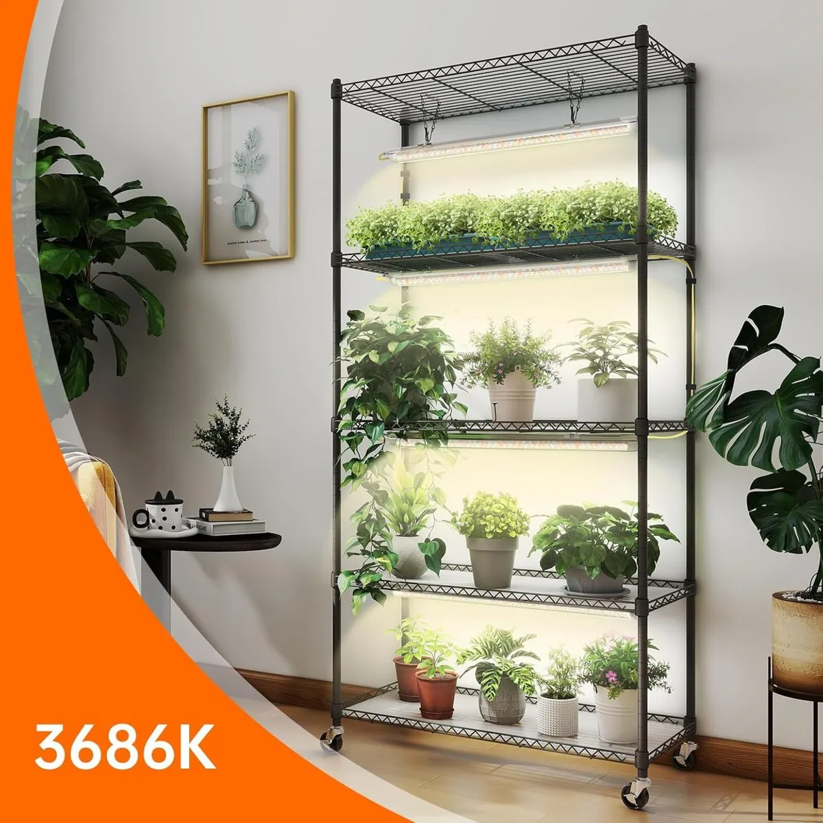 5-Tier Indoor Plant Shelf with Grow Light Wheels - Image 3