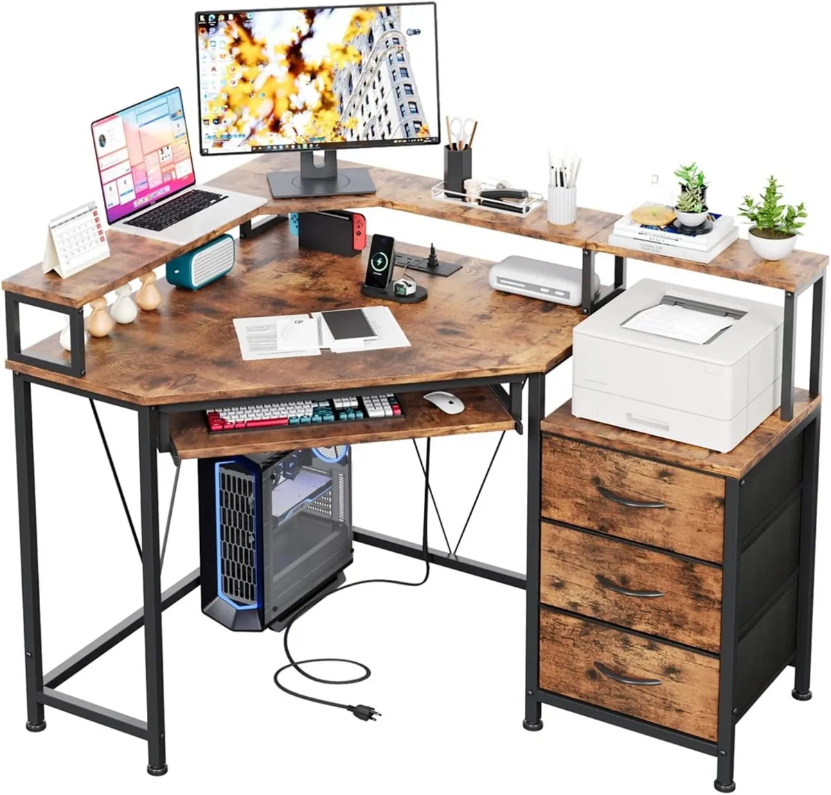 90x120CM L Shaped Desk with 3 Drawers Corner - Image 1