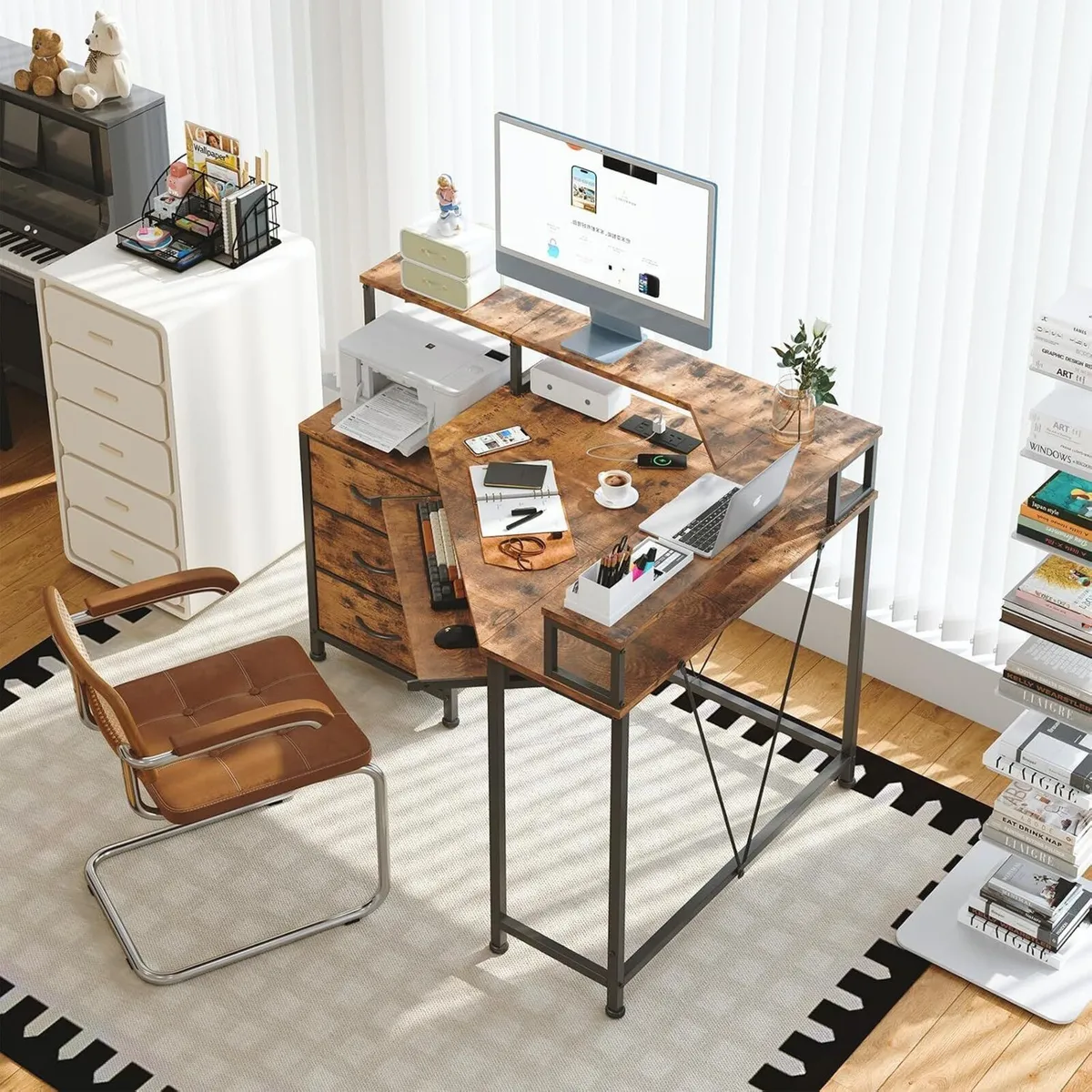 90x120CM L Shaped Desk with 3 Drawers Corner - Image 2