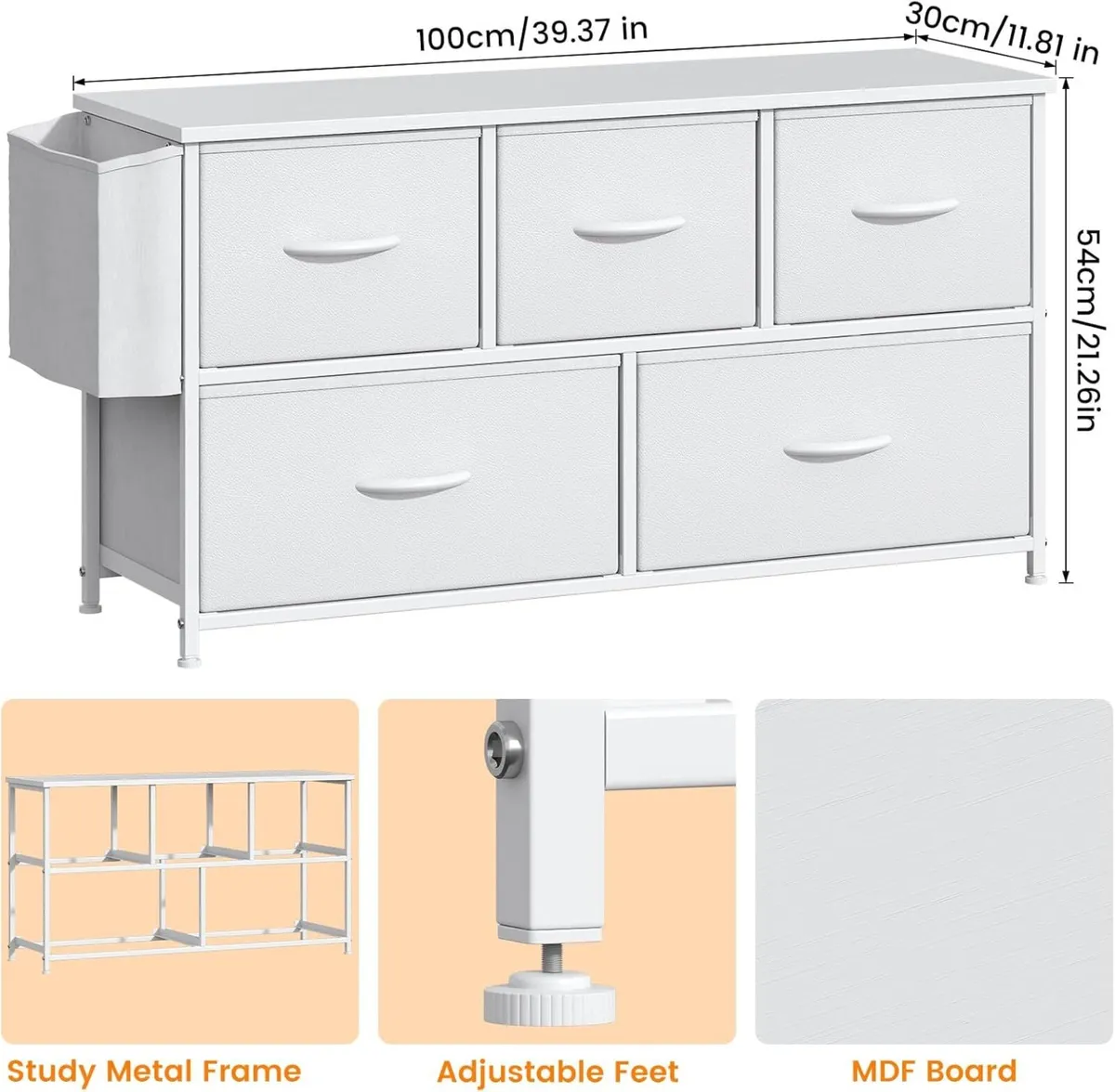 Fabric 5 Drawer Storage Cabinet with Side Pocket - Image 2