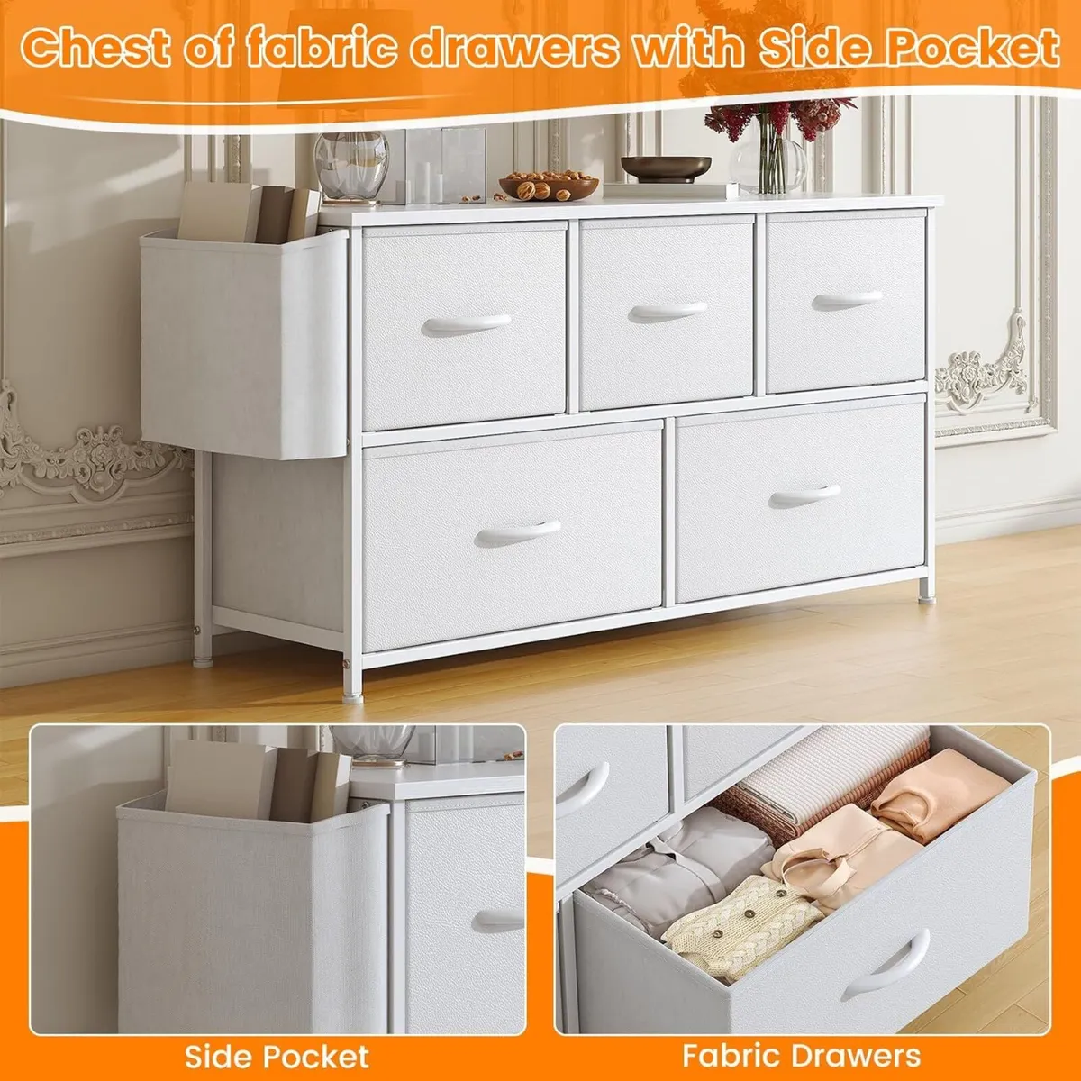 Fabric 5 Drawer Storage Cabinet with Side Pocket - Image 4