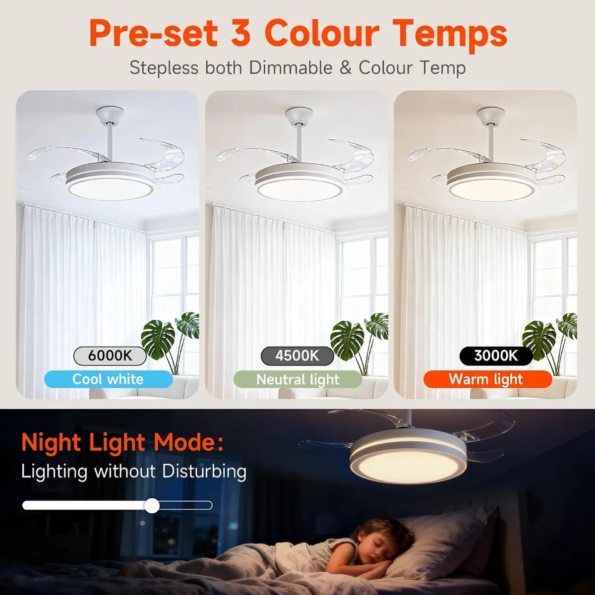 107CM Retratable Ceiling Fan with Lights Remote 6 - Image 3