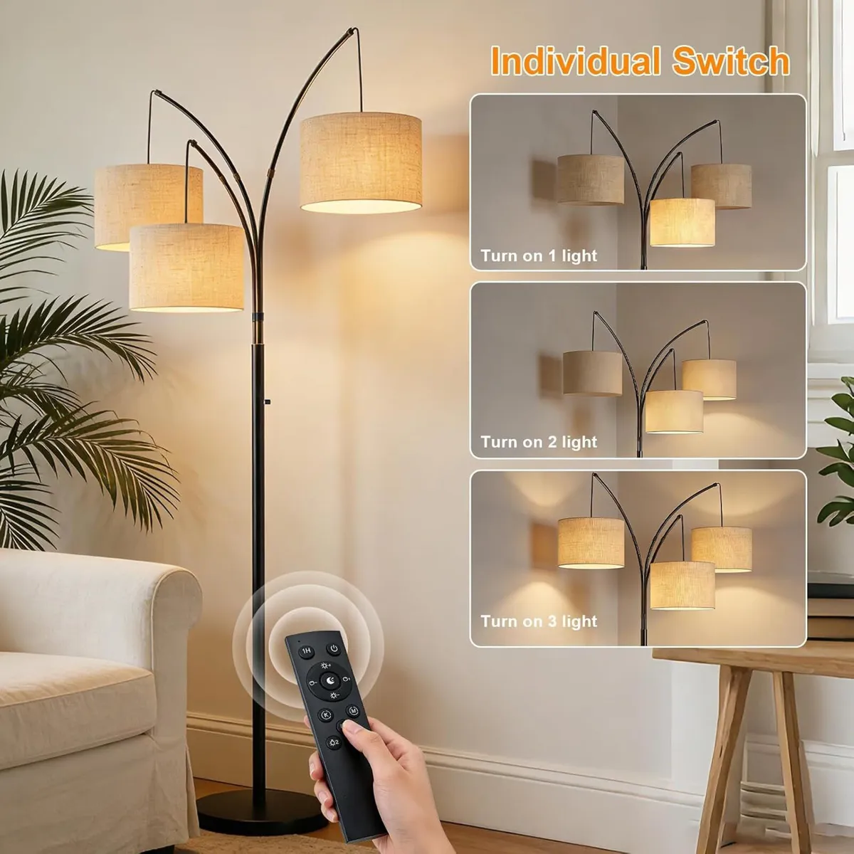 Inch Arc Floor Lamp for Bedroom 3-Light Dimmable - Image 3