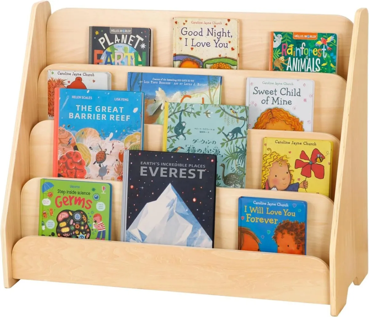 4-Tier Kids Bookshelf Wooden Front Facing Toddler - Image 1