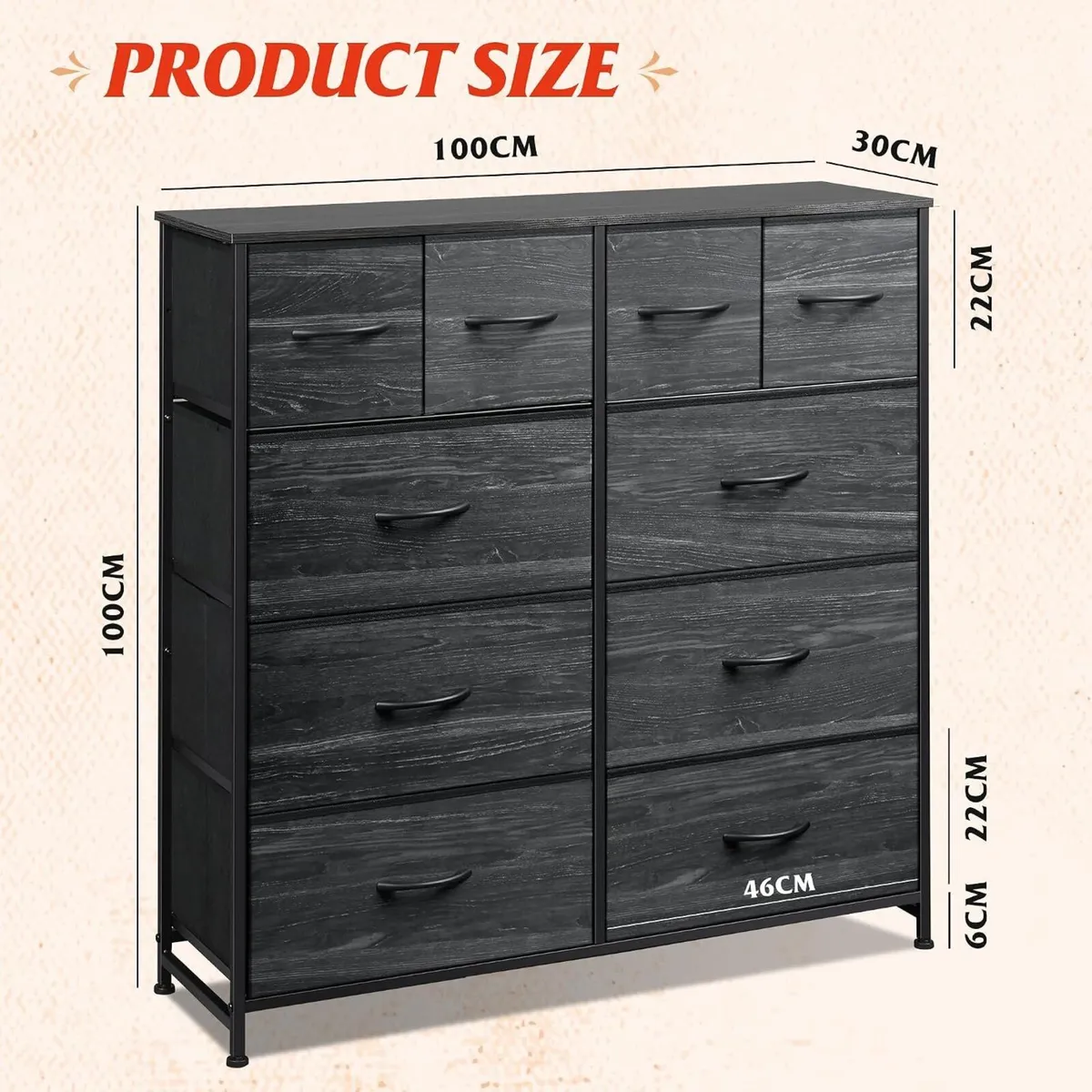 Tall Chest of Drawers 10 Large Fabric Dresser - Image 3