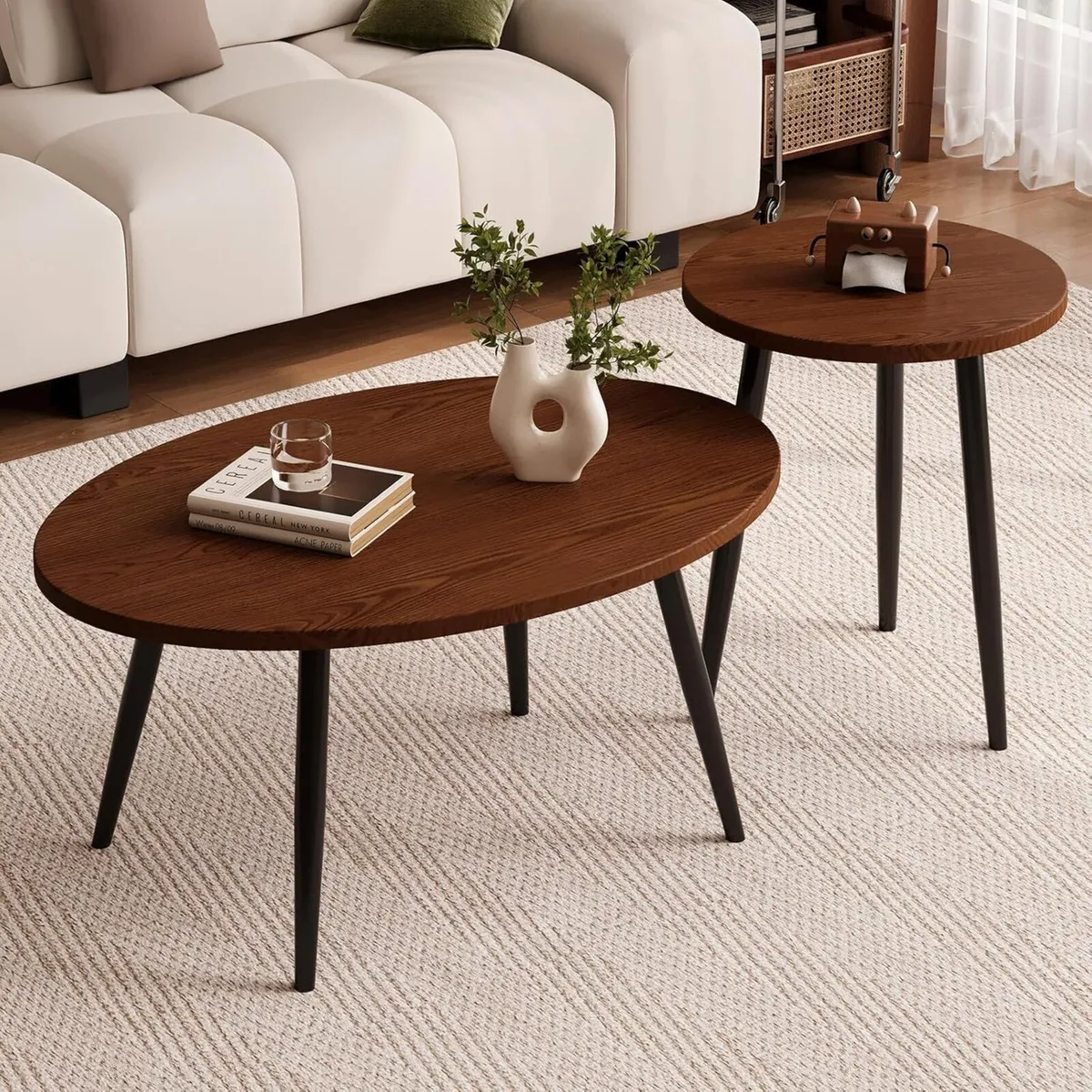 2 Pcs Oval Coffee Table Retro Walnut Tables - Image 1