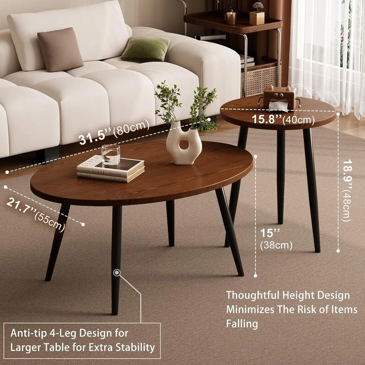 2 Pcs Oval Coffee Table Retro Walnut Tables - Image 2