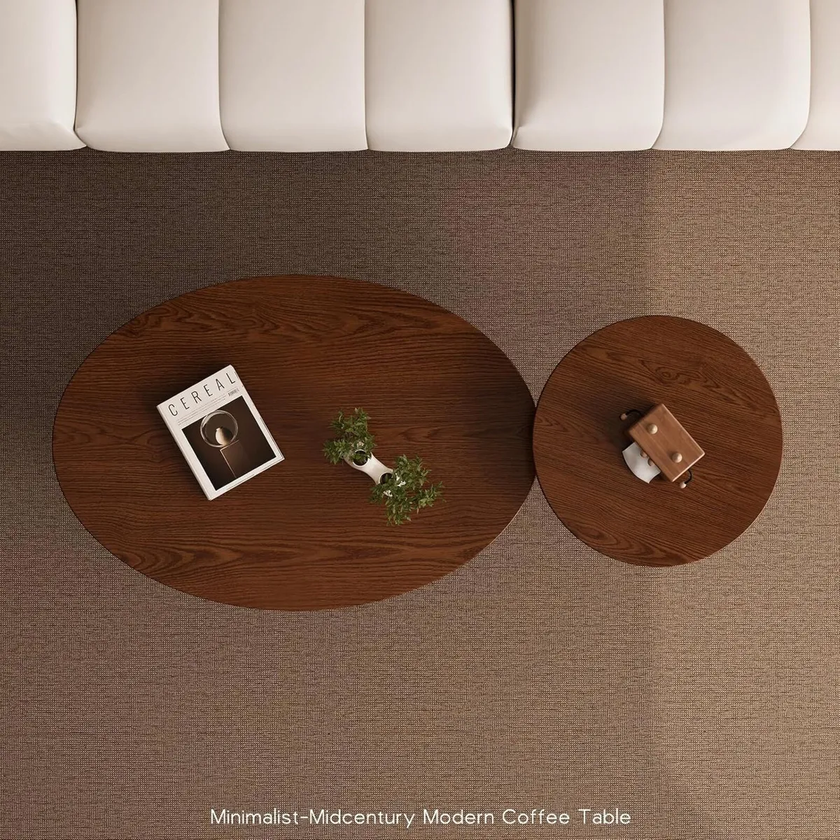 2 Pcs Oval Coffee Table Retro Walnut Tables - Image 3