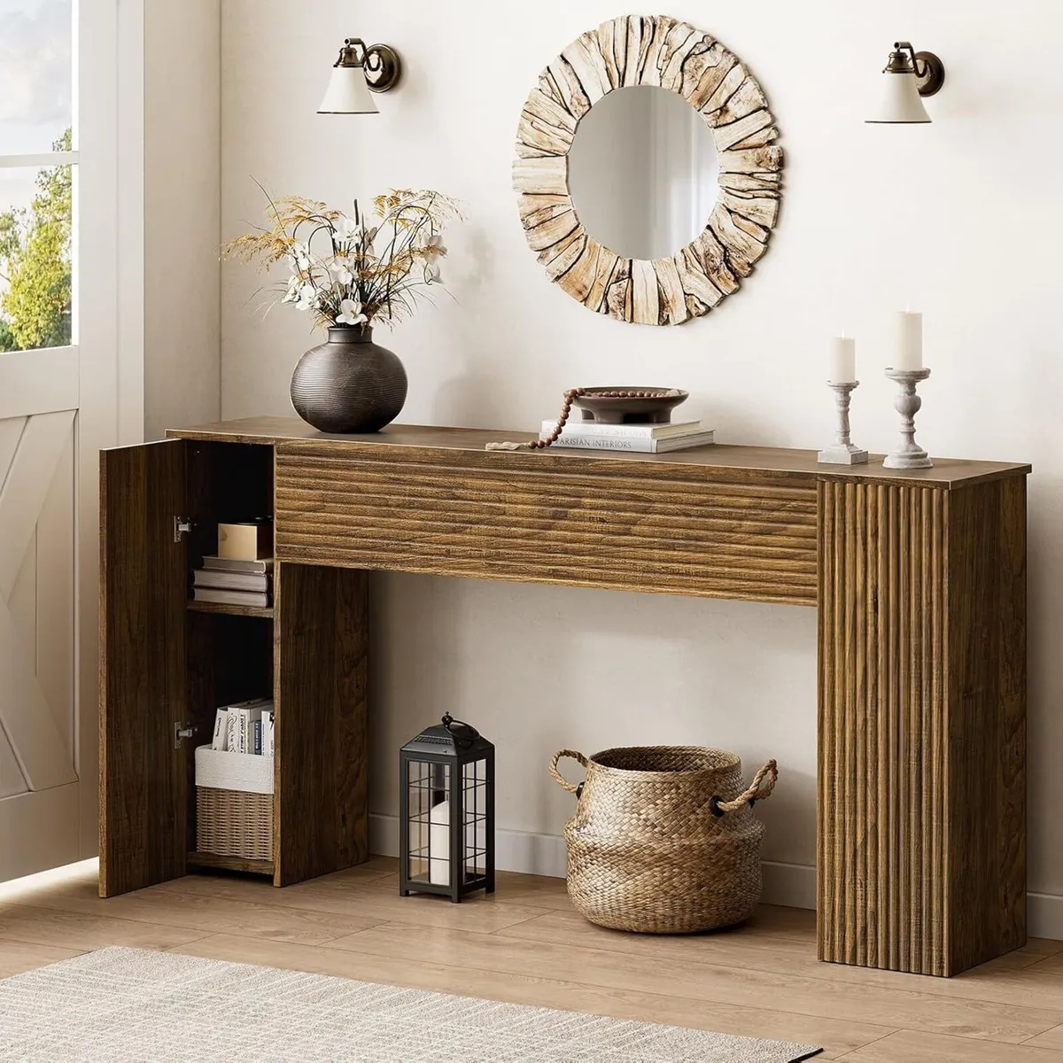 155CM Fluted Narrow Console Table with Storage - Image 1