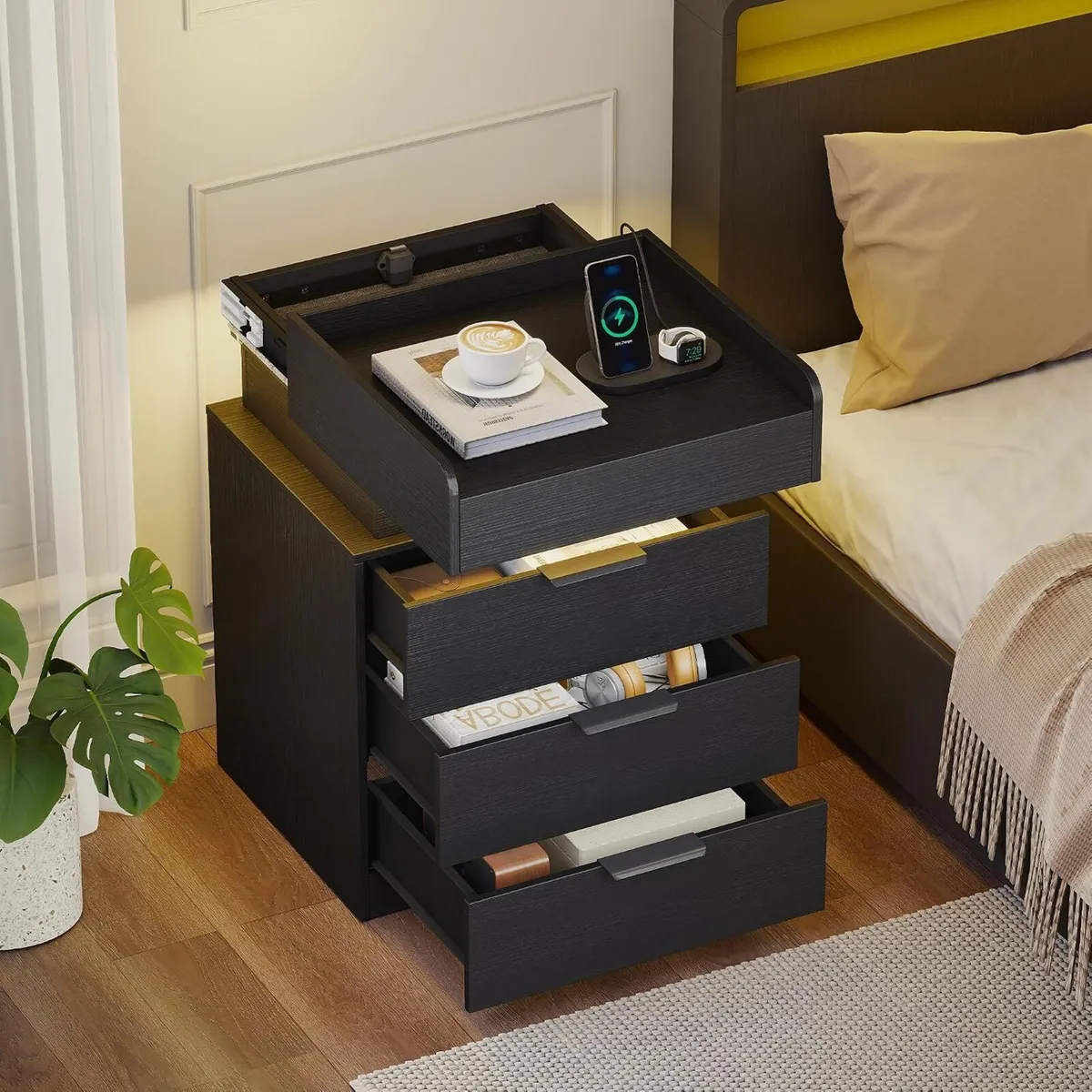 Bedside Table with LED Charging Station and Hidden - Image 1