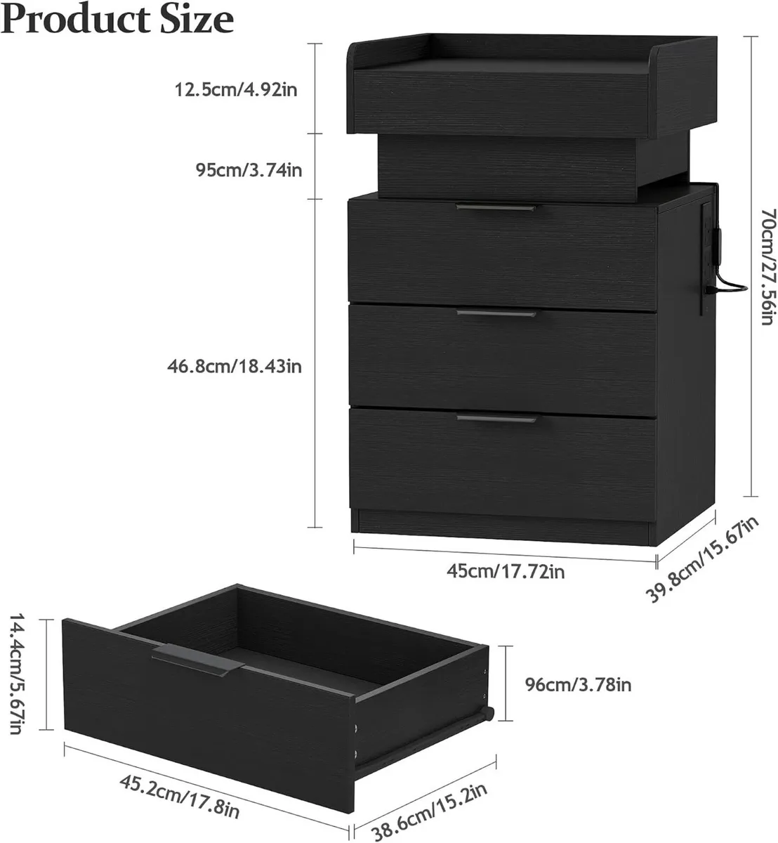 Bedside Table with LED Charging Station and Hidden - Image 2